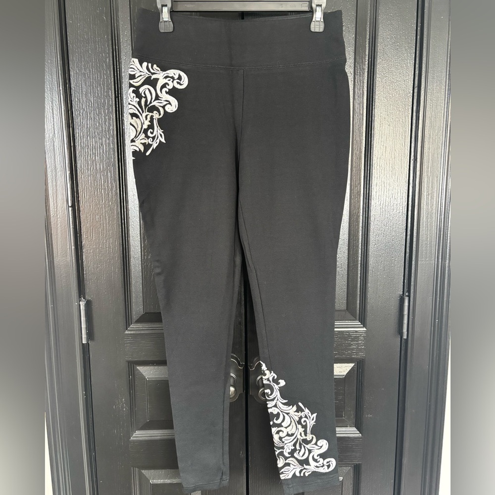 INC International Concepts Black Pants/Leggings with White Embroidered Detail